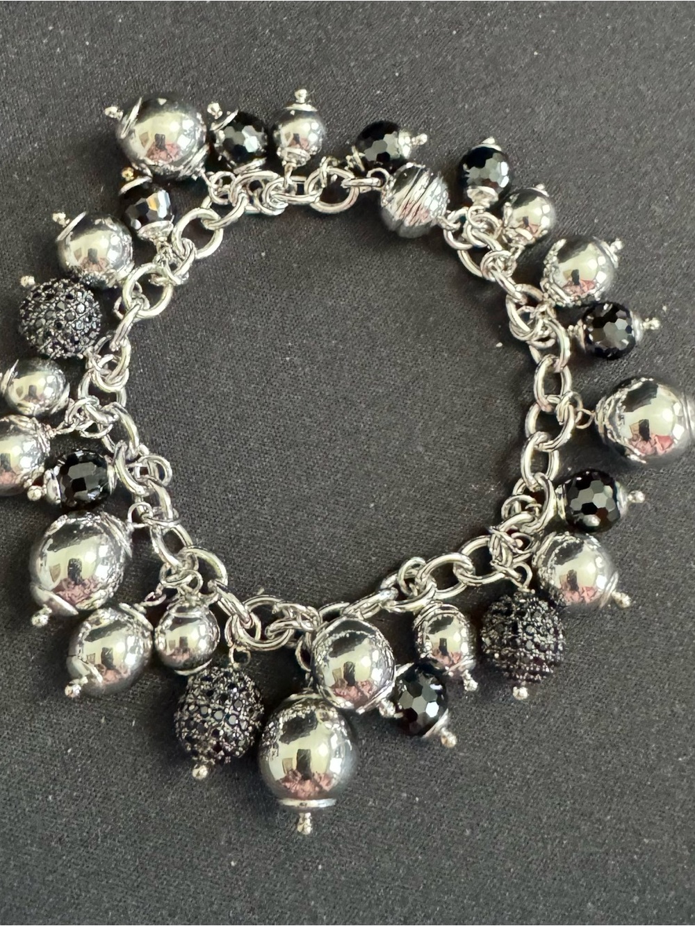 925 Silver and Black Charm Statement Bracelet with Silver Beads & Black Crystals